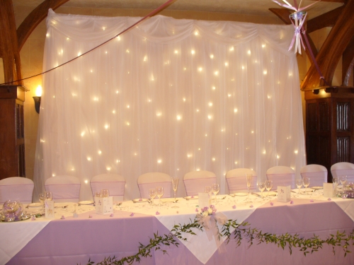 Fairy lights with some organza cover probably with our names on the cloth 